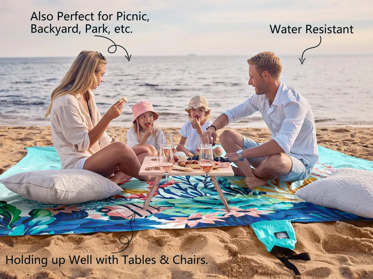 WEKAPO Beach Blanket Waterproof Sandproof Oversized, Extra Large Beach Mat Sand Free, Lightweight & Compact Sand Free Mat with 6 Stakes & 4 Corner Pockets