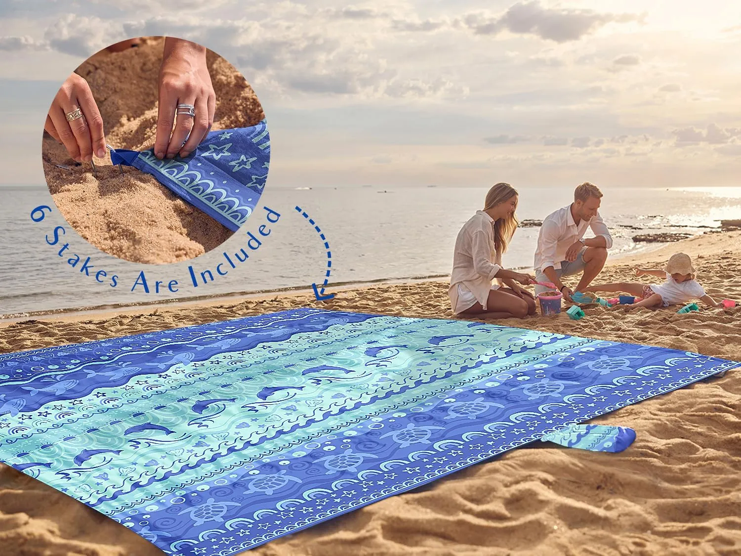 WEKAPO Beach Blanket Waterproof Sandproof Oversized Extra Large Sand Free Beach Mat with Stakes, Storage Bag - Essentials for Outdoor Beach, Picnic (Bohemian Sealife, 11 X 9 FT (1~10 Person))