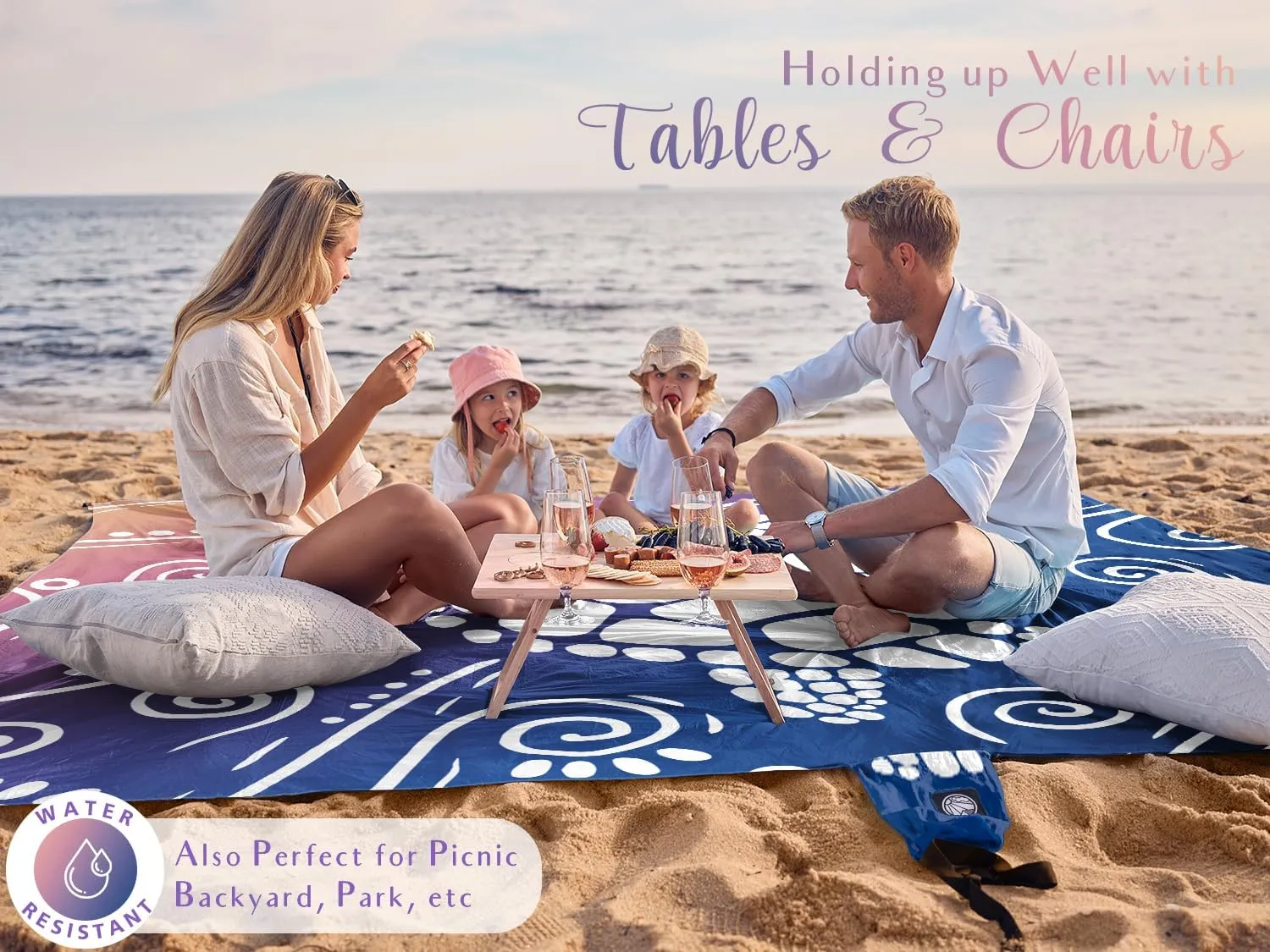 WEKAPO Beach Blanket Waterproof Sandproof Oversized Extra Large Sand Free Beach Mat with Stakes, Storage Bag - Essentials for Outdoor Beach, Picnic (Deep Blue Sea Turtle, 11 X 9 FT (1~10 Person))