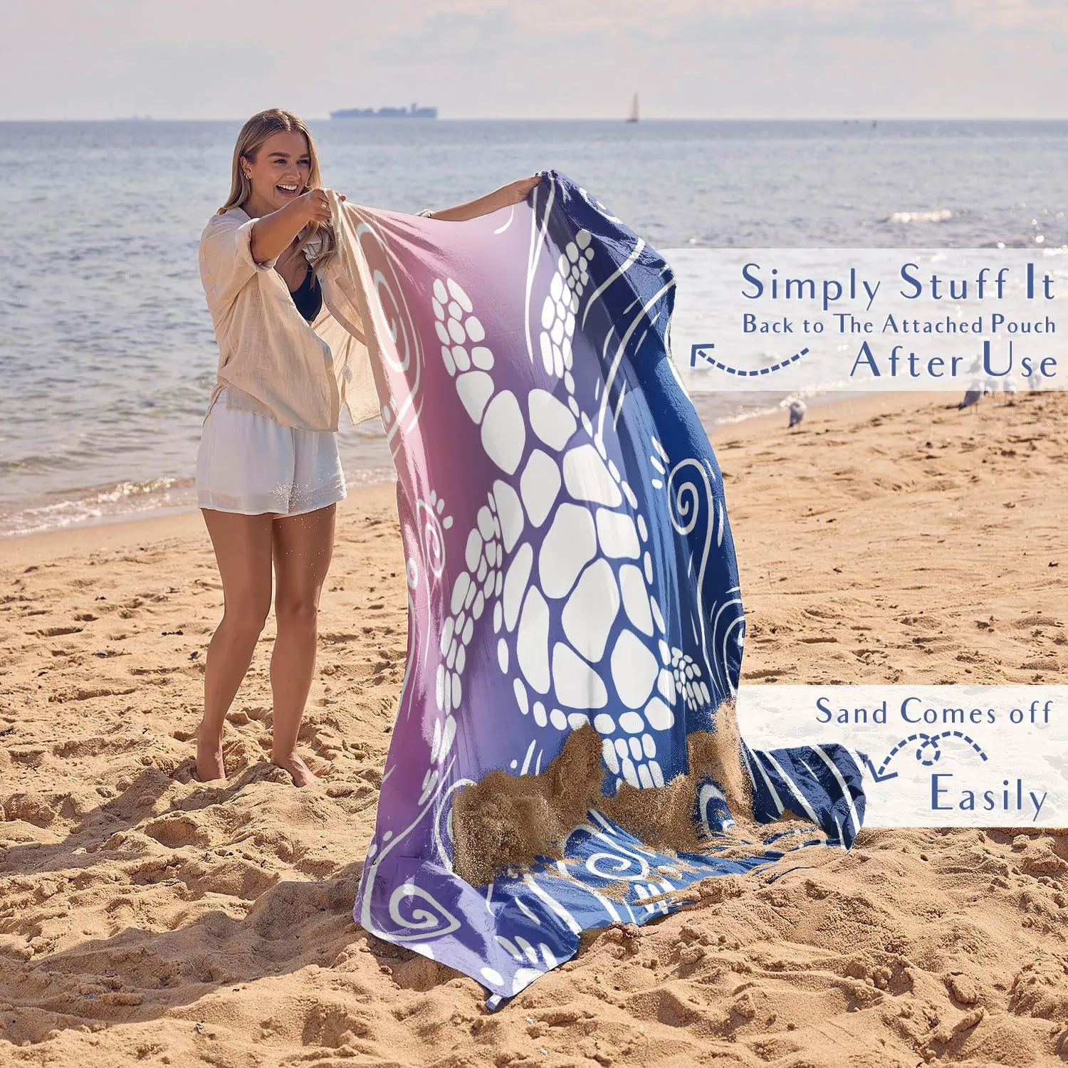 WEKAPO Beach Blanket Waterproof Sandproof Oversized Extra Large Sand Free Beach Mat with Stakes, Storage Bag - Essentials for Outdoor Beach, Picnic (Deep Blue Sea Turtle, 11 X 9 FT (1~10 Person))