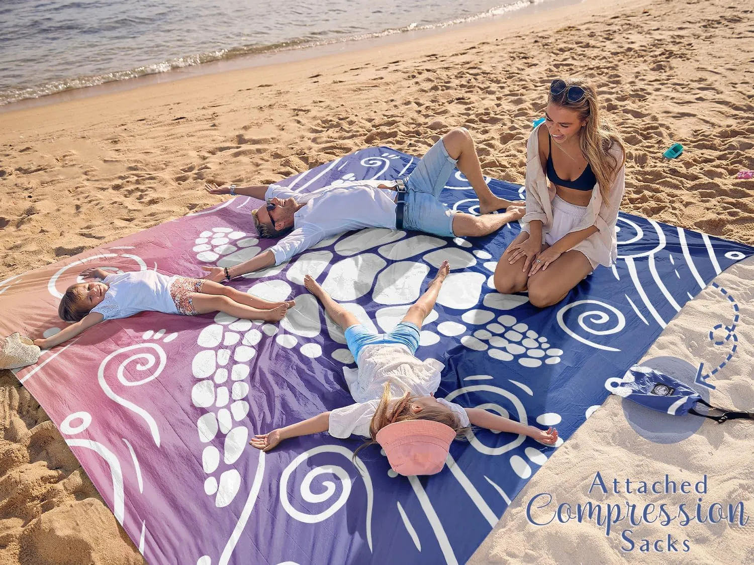 WEKAPO Beach Blanket Waterproof Sandproof Oversized Extra Large Sand Free Beach Mat with Stakes, Storage Bag - Essentials for Outdoor Beach, Picnic (Deep Blue Sea Turtle, 11 X 9 FT (1~10 Person))
