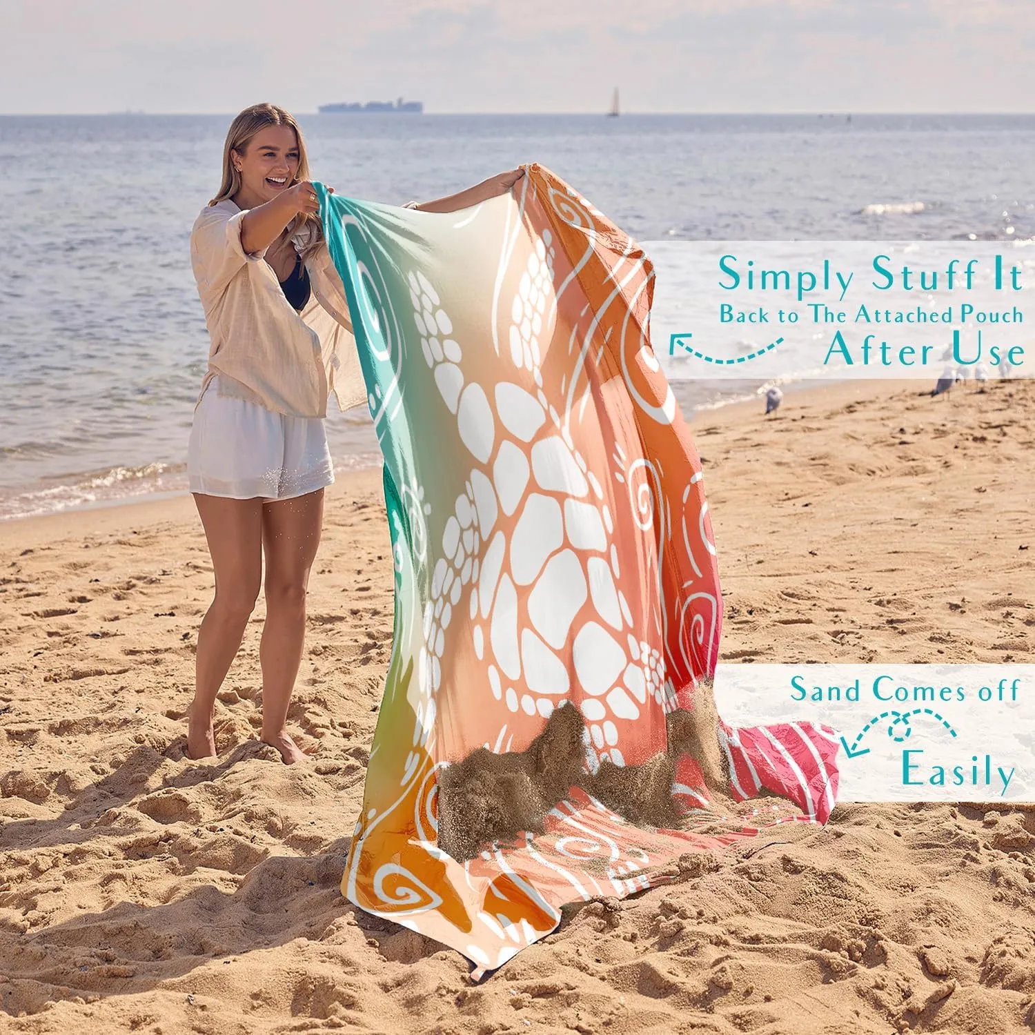 WEKAPO Beach Blanket Waterproof Sandproof Oversized Extra Large Sand Free Beach Mat with Stakes, Storage Bag - Essentials for Outdoor Beach, Picnic (Sea Turtle, 8 X 7 FT (1~4 Person))