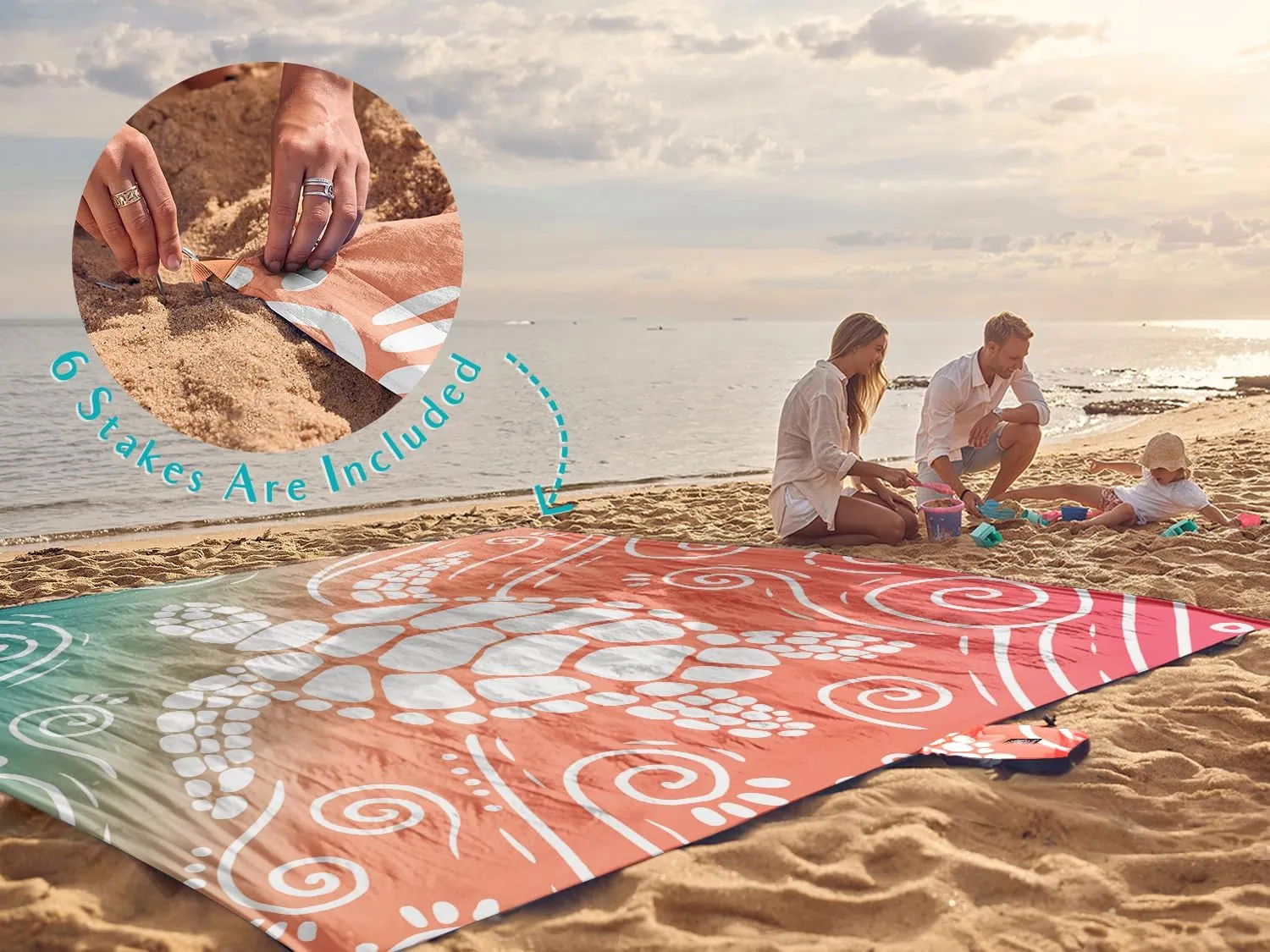 WEKAPO Beach Blanket Waterproof Sandproof Oversized Extra Large Sand Free Beach Mat with Stakes, Storage Bag - Essentials for Outdoor Beach, Picnic (Sea Turtle, 8 X 7 FT (1~4 Person))