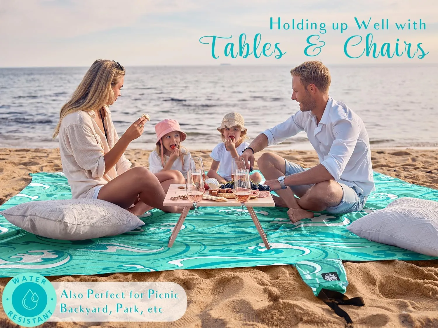 WEKAPO Beach Blanket Waterproof Sandproof Oversized Extra Large Sand Free Beach Mat with Stakes, Storage Bag - Essentials for Outdoor Beach, Picnic (Turquoise Ocean Waves, 11 X 9 FT (1~10 Person))