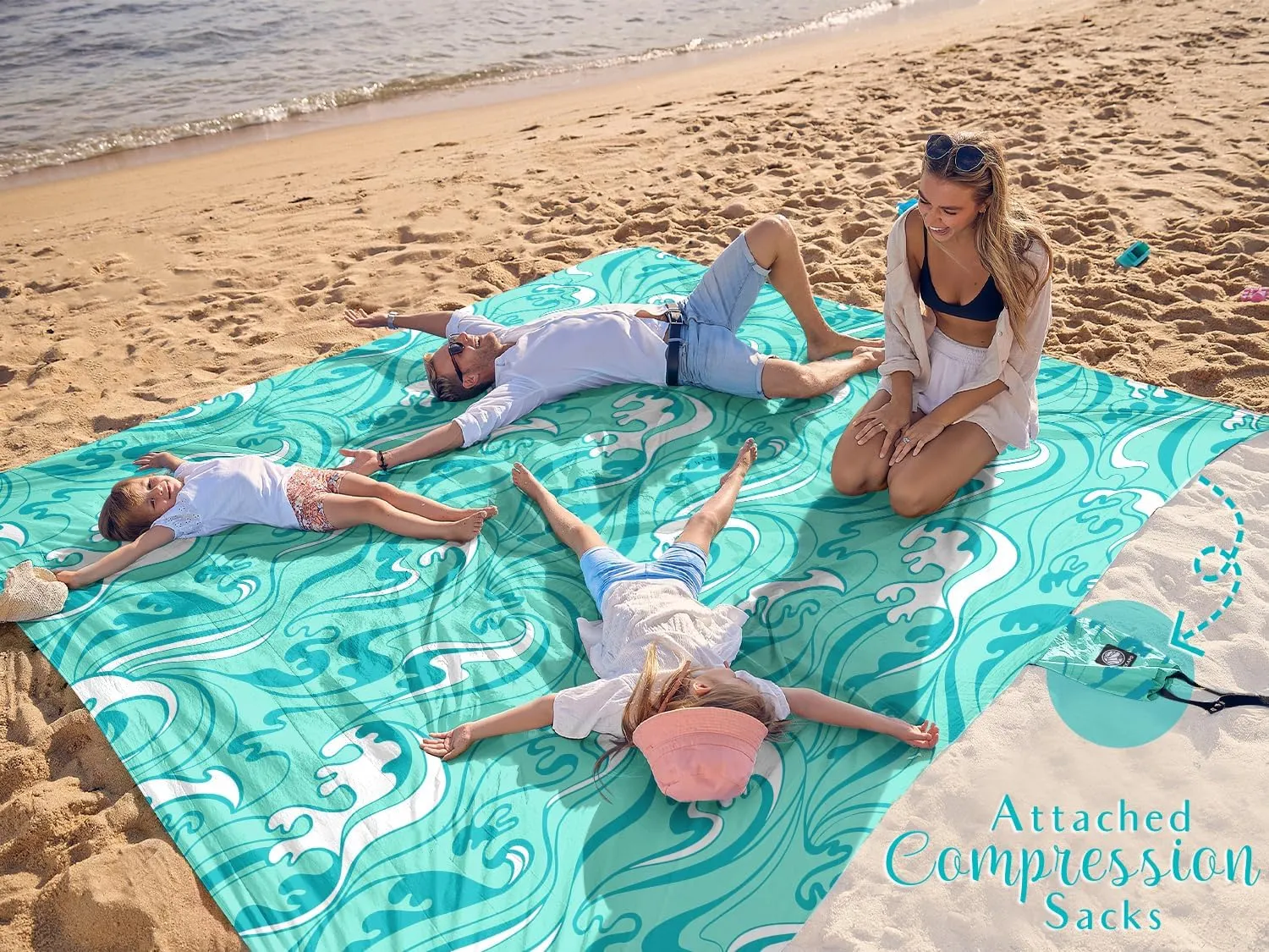 WEKAPO Beach Blanket Waterproof Sandproof Oversized Extra Large Sand Free Beach Mat with Stakes, Storage Bag - Essentials for Outdoor Beach, Picnic (Turquoise Ocean Waves, 11 X 9 FT (1~10 Person))