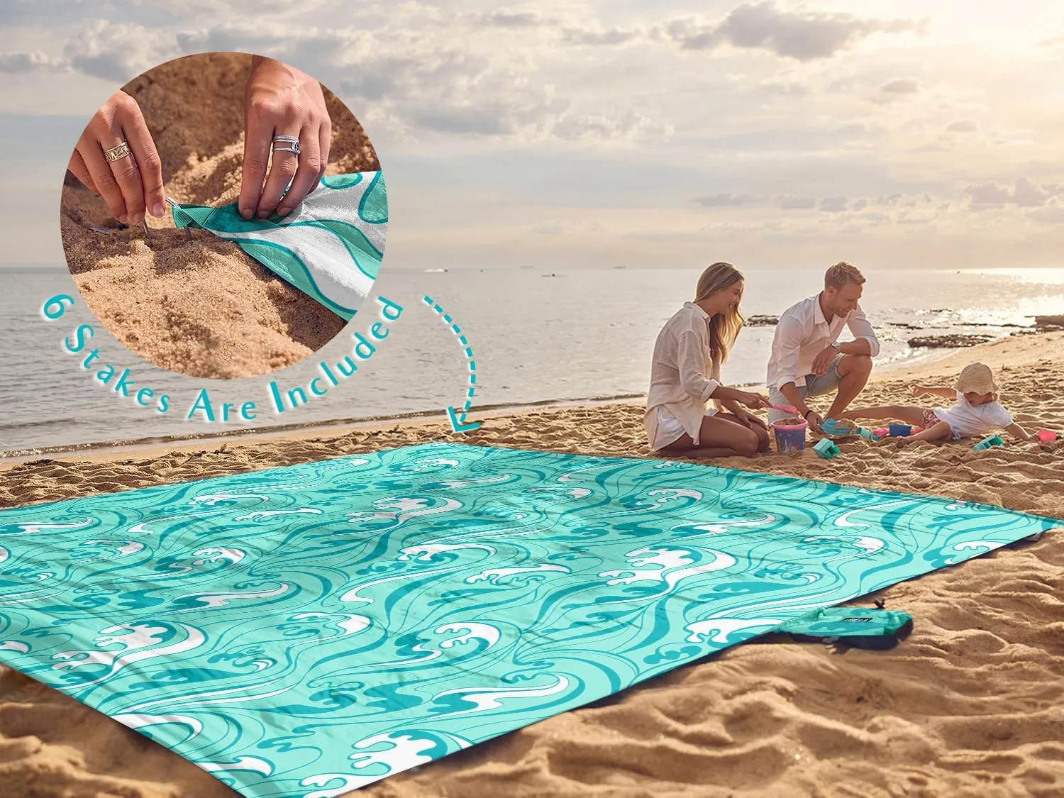 WEKAPO Beach Blanket Waterproof Sandproof Oversized Extra Large Sand Free Beach Mat with Stakes, Storage Bag - Essentials for Outdoor Beach, Picnic (Turquoise Ocean Waves, 11 X 9 FT (1~10 Person))