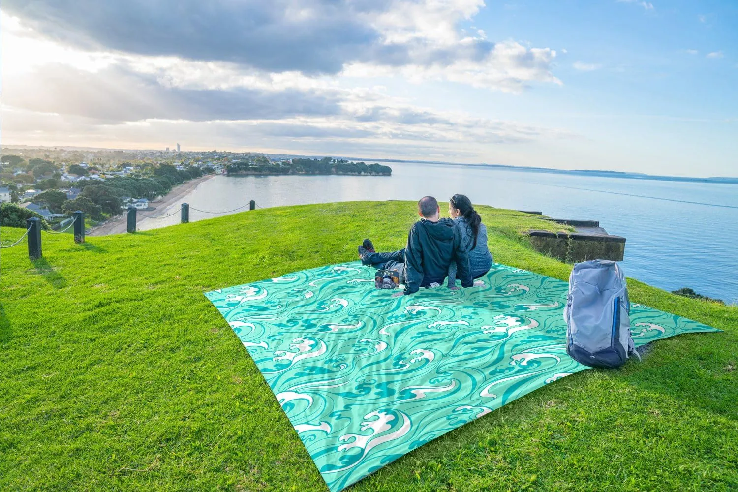 WEKAPO Beach Blanket Waterproof Sandproof Oversized Extra Large Sand Free Beach Mat with Stakes, Storage Bag - Essentials for Outdoor Beach, Picnic (Turquoise Ocean Waves, 11 X 9 FT (1~10 Person))