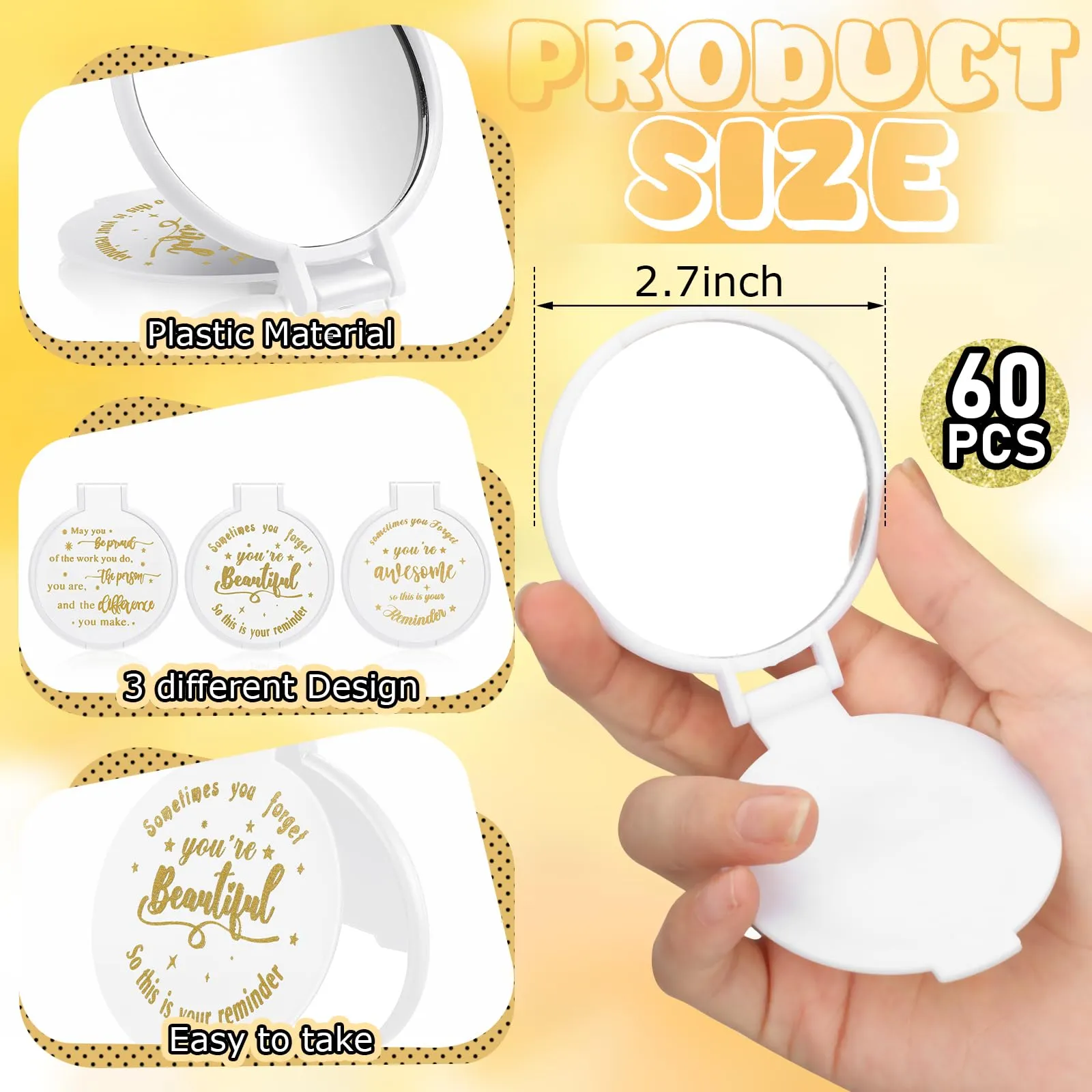 Wenqik 64 Pcs Compact Mirror Bulk White Gifts for Women Small Inspirational Pocket Purse Handheld Mirror Portable Round Makeup Folding Appreciation Gift for Christmas Valentine Daily Travel Coworker