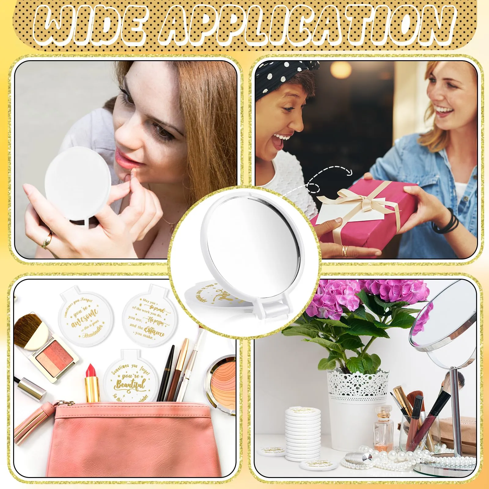 Wenqik 64 Pcs Compact Mirror Bulk White Gifts for Women Small Inspirational Pocket Purse Handheld Mirror Portable Round Makeup Folding Appreciation Gift for Christmas Valentine Daily Travel Coworker