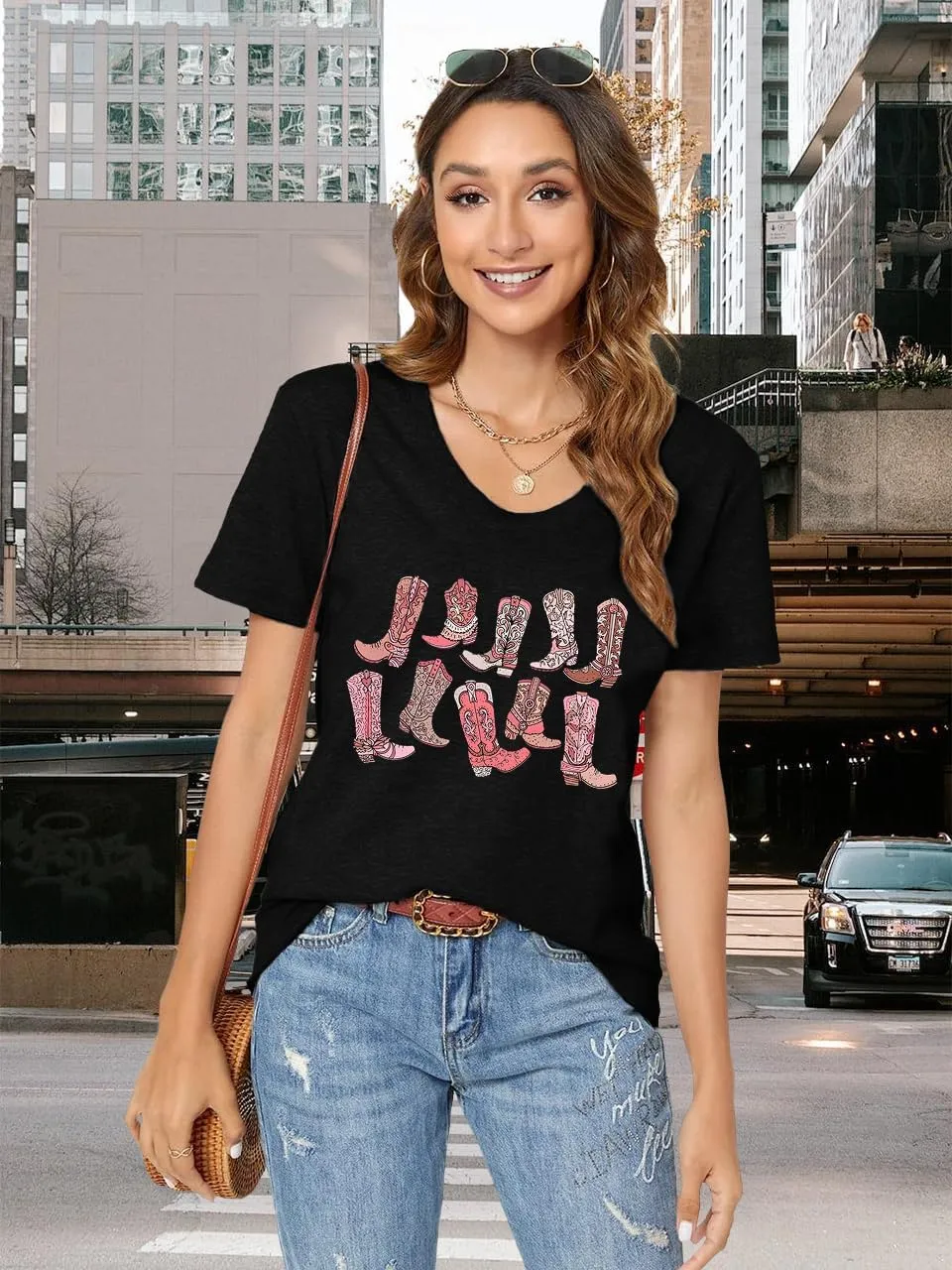 Western Country Shirt for Women Cowgirl Cartoon Boots V Neck Short Sleeve Tops Vintage Cowboy Graphic Tees