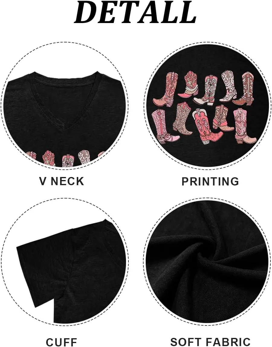 Western Country Shirt for Women Cowgirl Cartoon Boots V Neck Short Sleeve Tops Vintage Cowboy Graphic Tees