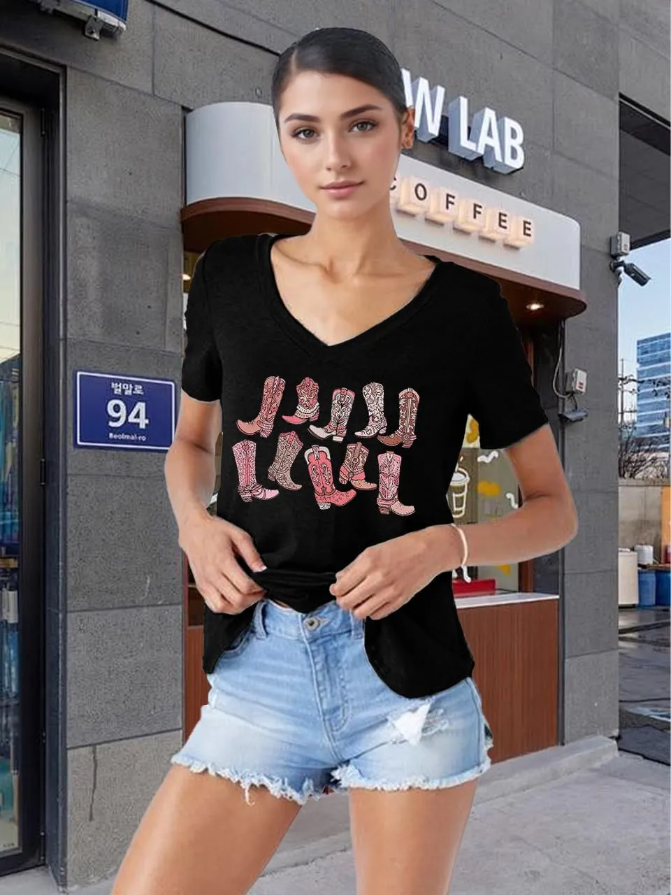 Western Country Shirt for Women Cowgirl Cartoon Boots V Neck Short Sleeve Tops Vintage Cowboy Graphic Tees