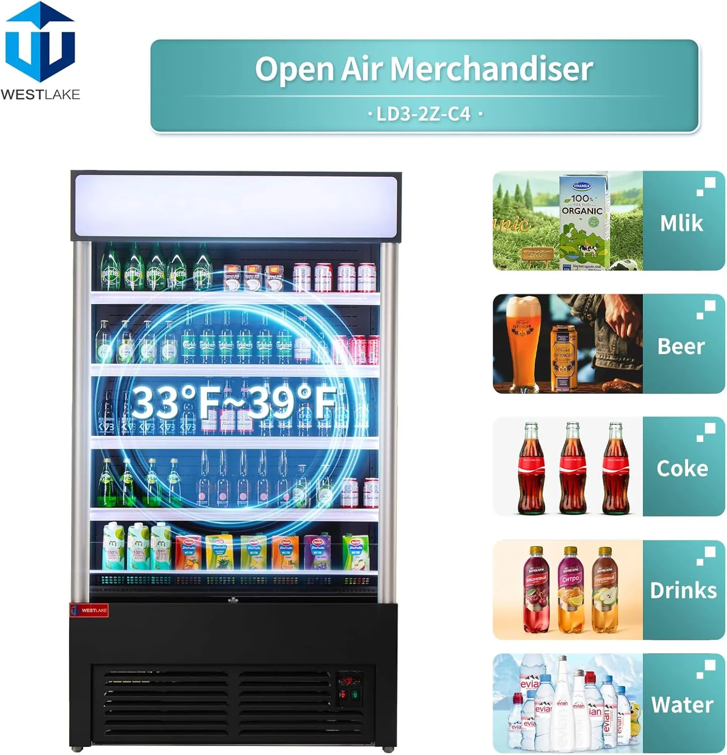 WESTLAKE Commercial Refrigerator Open Air Merchandiser with Night Curtain 24 Cu.ft 45.7” W 25.6" D Upright Fan Cooling Display Cooler for Stores, Supermarkets, Bar, Shops, etc