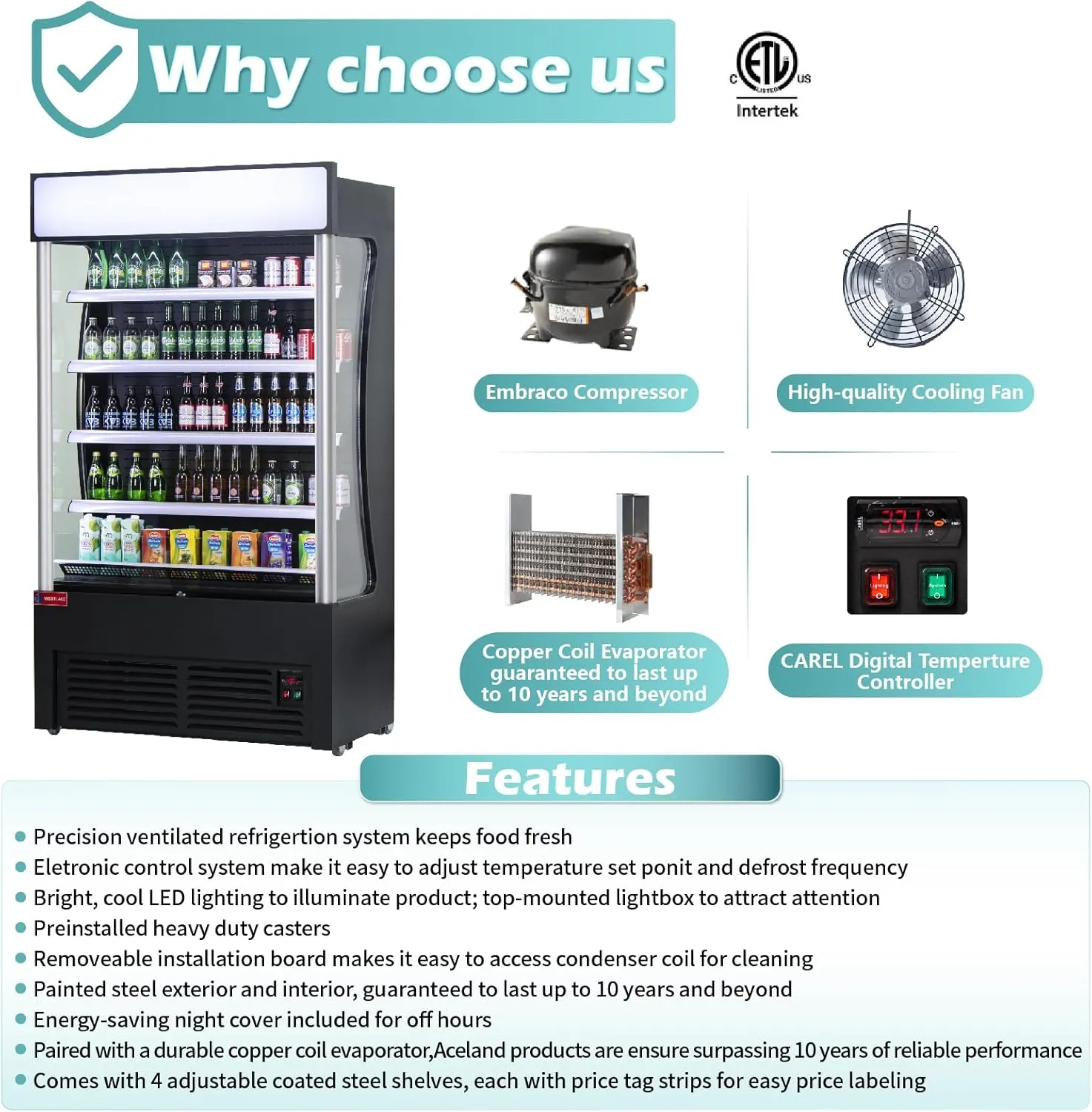 WESTLAKE Commercial Refrigerator Open Air Merchandiser with Night Curtain 24 Cu.ft 45.7” W 25.6" D Upright Fan Cooling Display Cooler for Stores, Supermarkets, Bar, Shops, etc