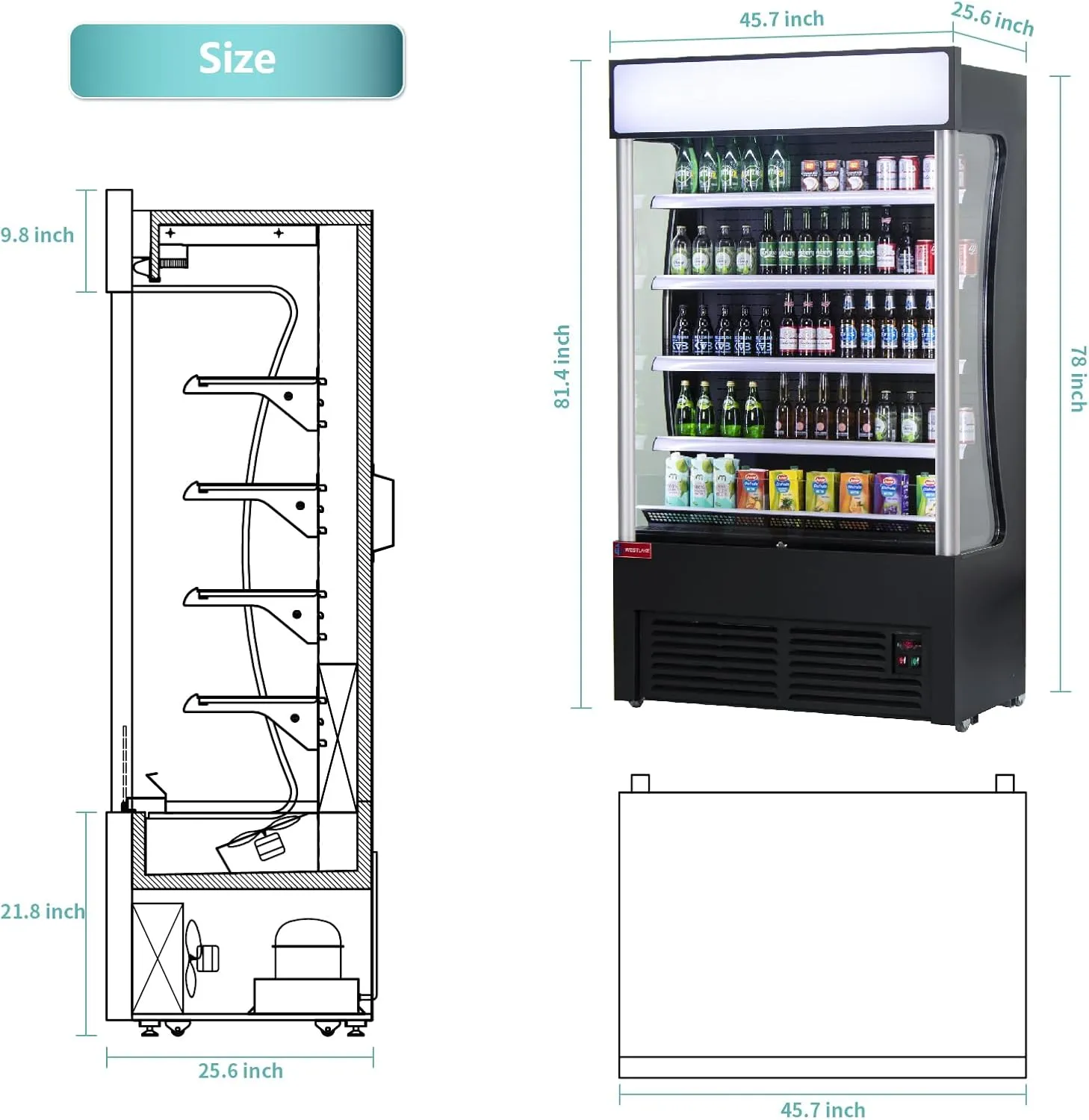 WESTLAKE Commercial Refrigerator Open Air Merchandiser with Night Curtain 24 Cu.ft 45.7” W 25.6" D Upright Fan Cooling Display Cooler for Stores, Supermarkets, Bar, Shops, etc