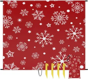 White Snowflakes Beach Blanket, Sandproof Beach Mat, 68 x 59 Waterproof Quick Drying Sand Free Mat with 4 x Ground Spikes for Outdoor Travel Camping Hiking, Christmas Holiday