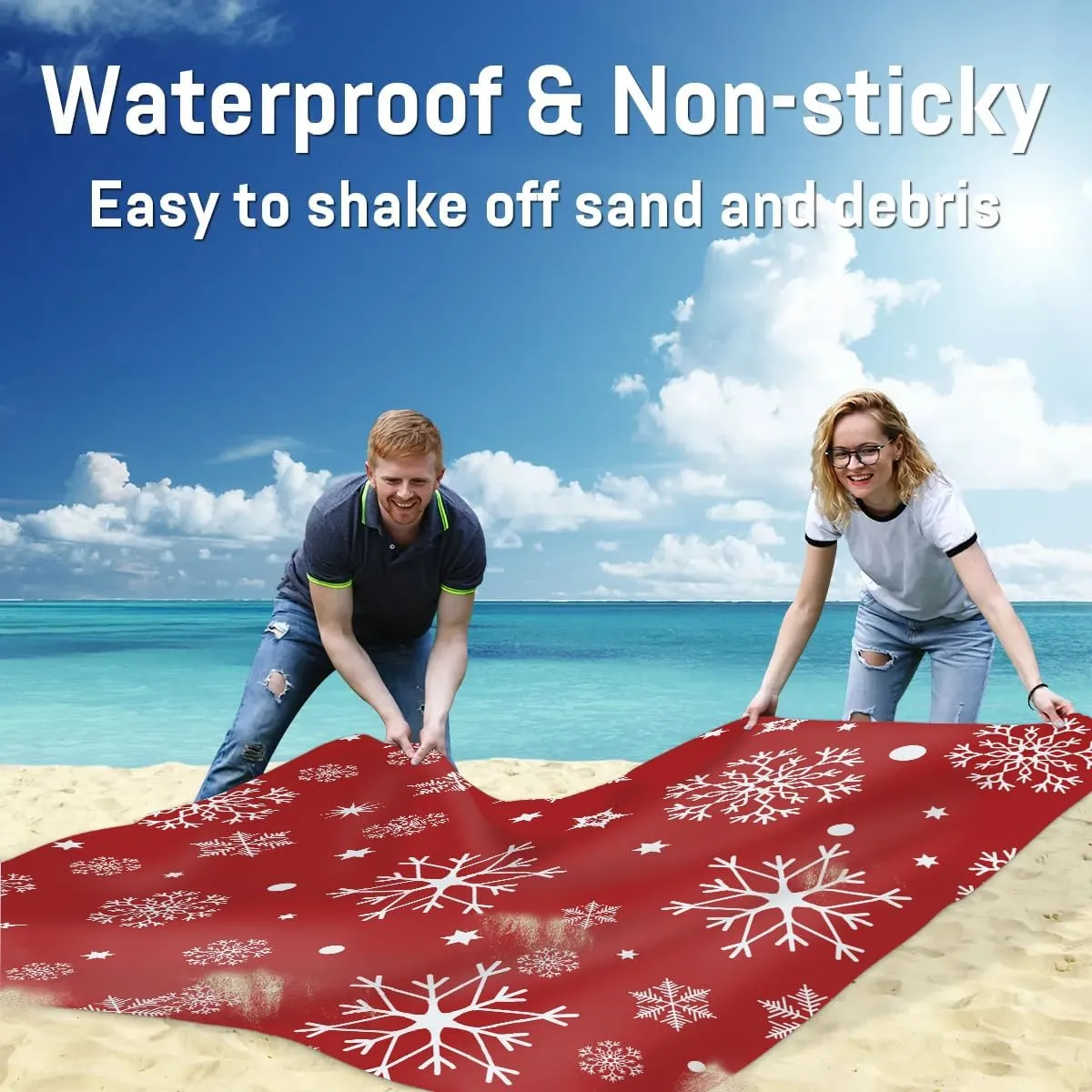 White Snowflakes Beach Blanket, Sandproof Beach Mat, 68 x 59 Waterproof Quick Drying Sand Free Mat with 4 x Ground Spikes for Outdoor Travel Camping Hiking, Christmas Holiday