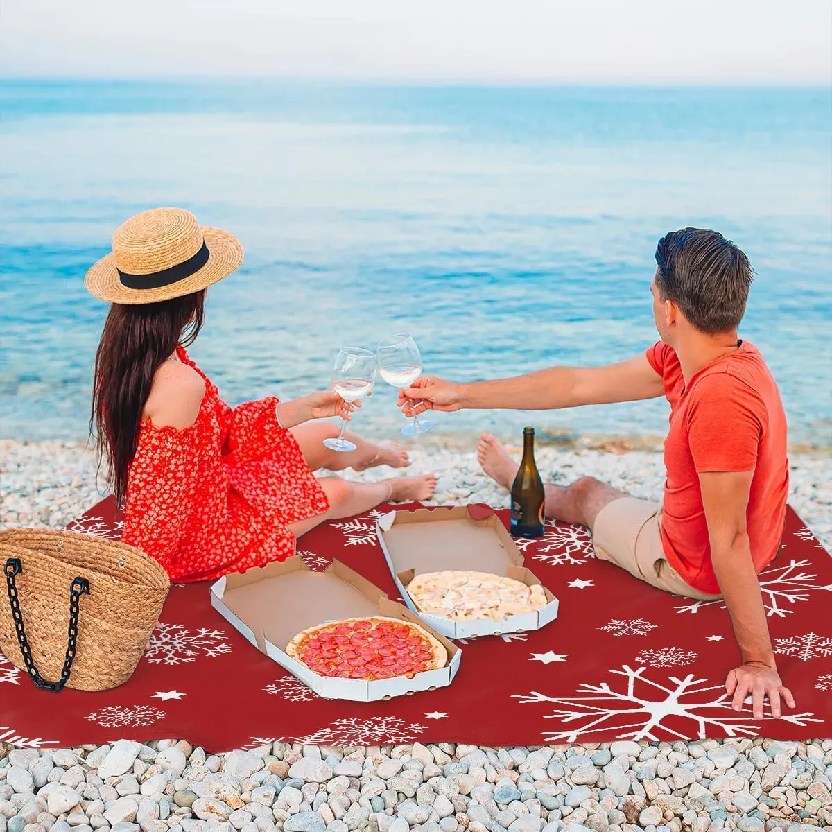 White Snowflakes Beach Blanket, Sandproof Beach Mat, 68 x 59 Waterproof Quick Drying Sand Free Mat with 4 x Ground Spikes for Outdoor Travel Camping Hiking, Christmas Holiday