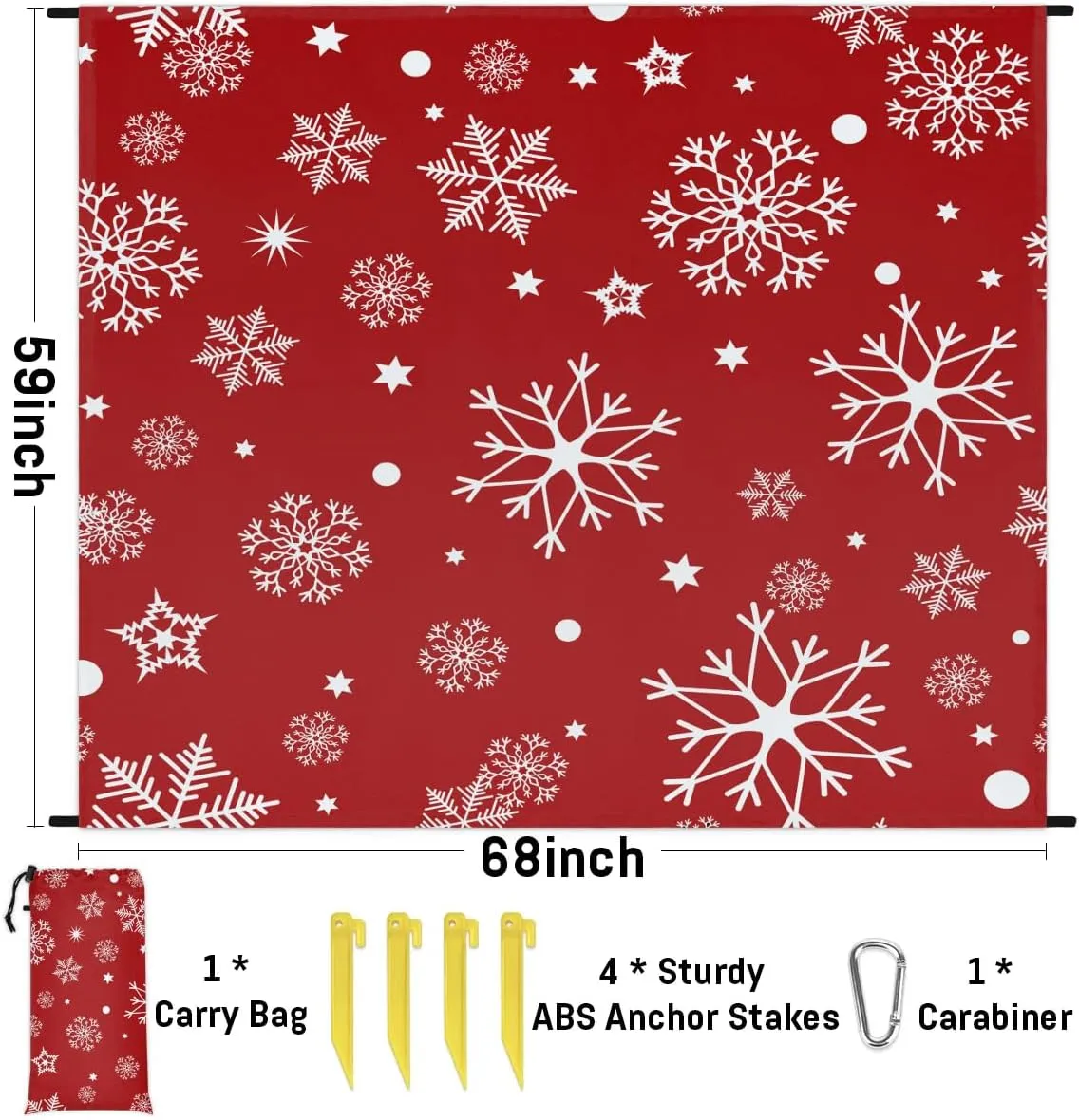 White Snowflakes Beach Blanket, Sandproof Beach Mat, 68 x 59 Waterproof Quick Drying Sand Free Mat with 4 x Ground Spikes for Outdoor Travel Camping Hiking, Christmas Holiday