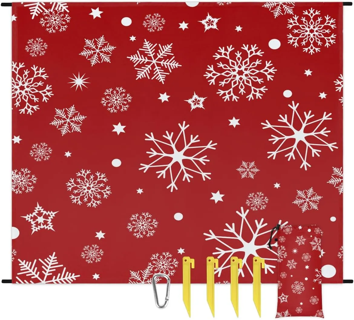 White Snowflakes Beach Blanket, Sandproof Beach Mat, 68 x 59 Waterproof Quick Drying Sand Free Mat with 4 x Ground Spikes for Outdoor Travel Camping Hiking, Christmas Holiday