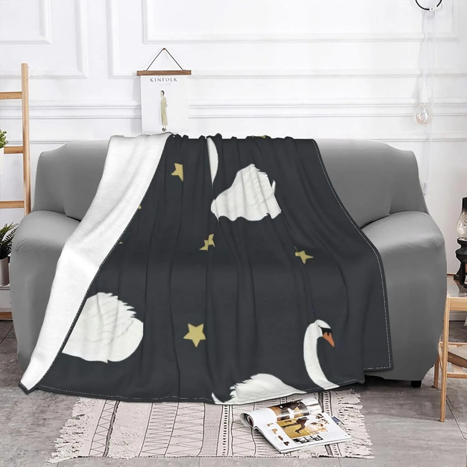 White Swans On A Black Starry Background 60"X50" Flannel Blanket - 100% Soft Polyester, Lightweight and Warm, Suitable for Families, Camping, Travel