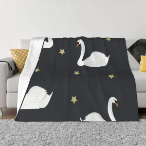White Swans On A Black Starry Background 60"X50" Flannel Blanket - 100% Soft Polyester, Lightweight and Warm, Suitable for Families, Camping, Travel