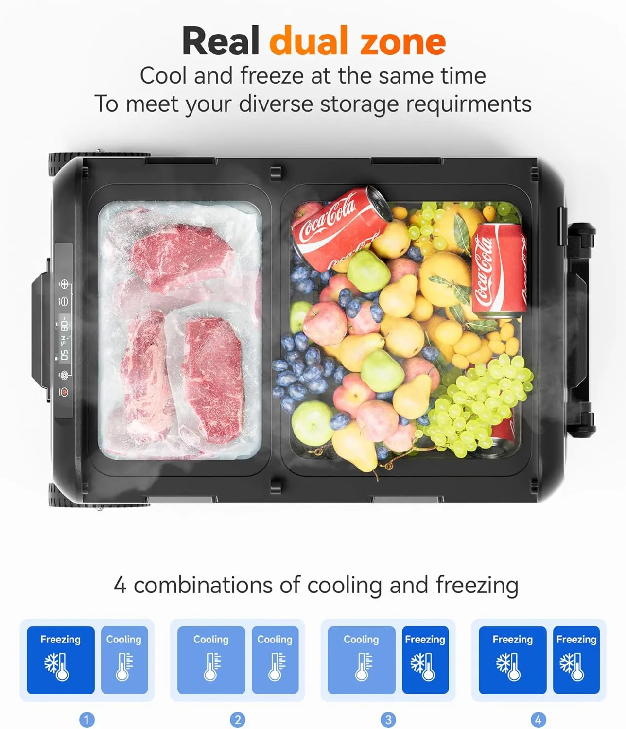 WOLFBOX 12V Car Refrigerator, 58 Quart Dual Zone Car Fridge, Portable Freezer(-8℉~68℉) with 12/24V DC 100/240V AC, APP Control Electric Cooler for Car, RV, Camping, Travel and Home Use