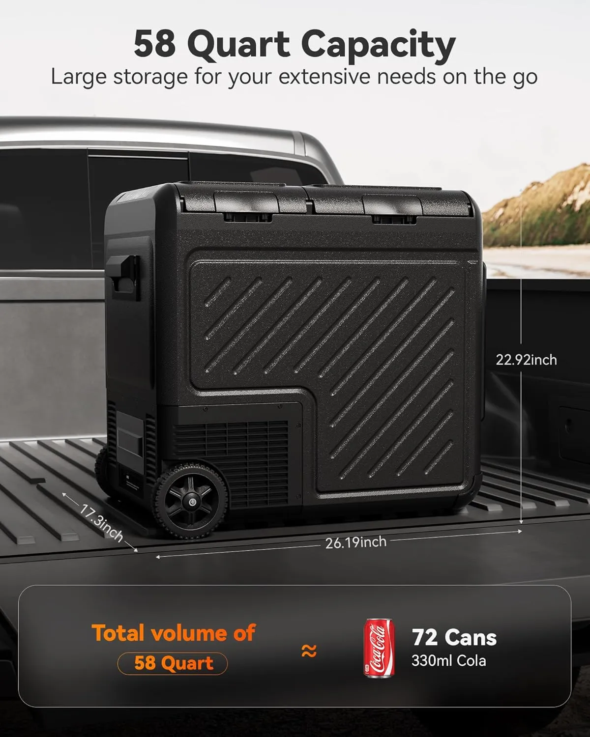 WOLFBOX 12V Car Refrigerator, 58 Quart Dual Zone Car Fridge, Portable Freezer(-8℉~68℉) with 12/24V DC 100/240V AC, APP Control Electric Cooler for Car, RV, Camping, Travel and Home Use