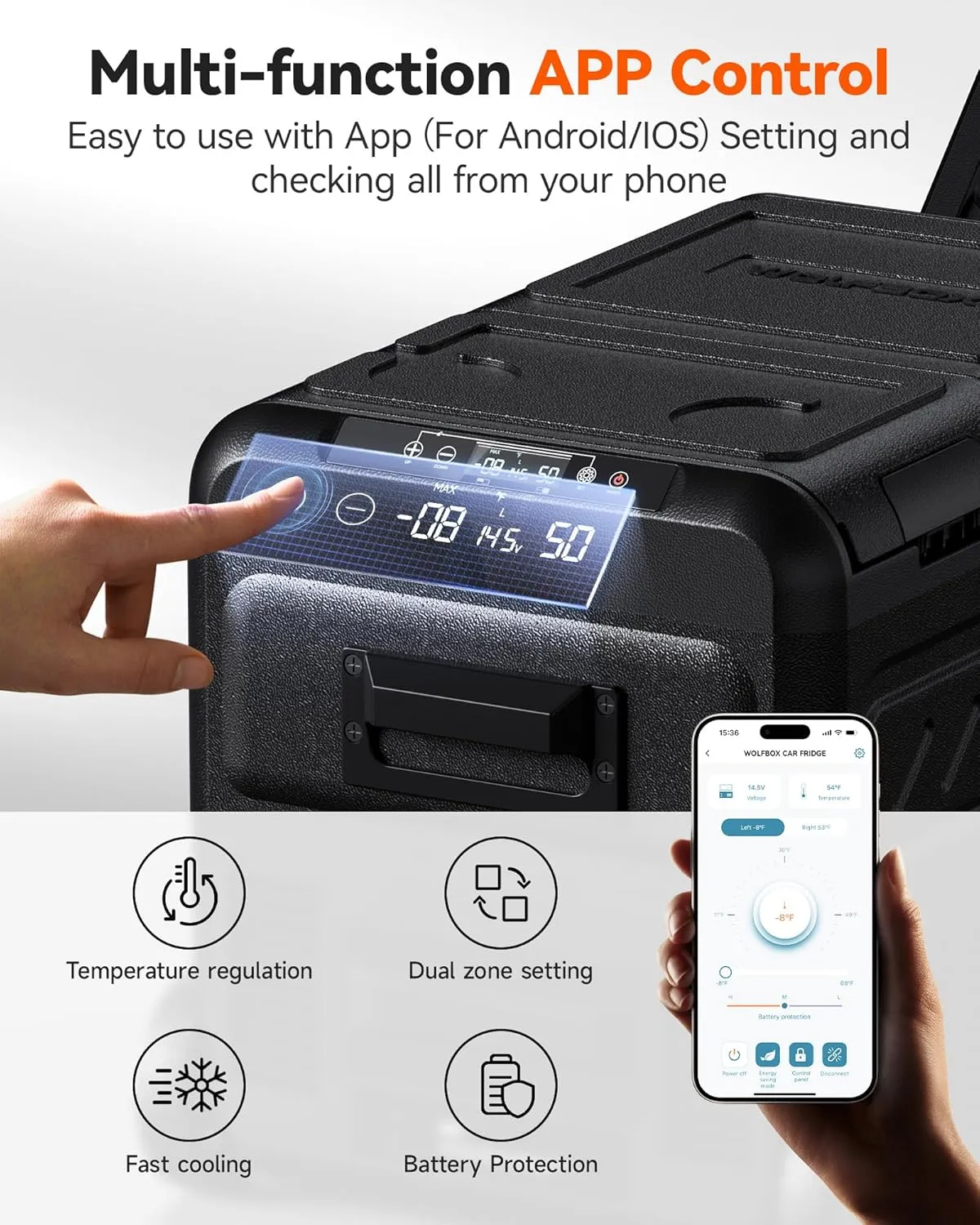 WOLFBOX 12V Car Refrigerator, 58 Quart Dual Zone Car Fridge, Portable Freezer(-8℉~68℉) with 12/24V DC 100/240V AC, APP Control Electric Cooler for Car, RV, Camping, Travel and Home Use