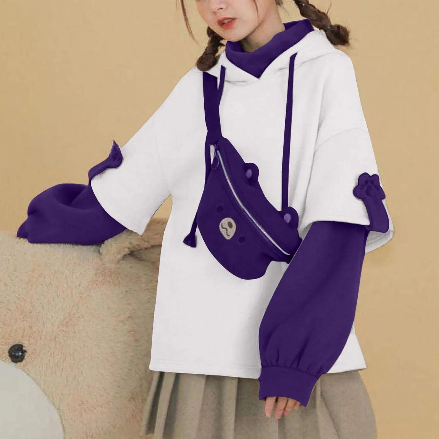 Women's Cute Hoodie for Teen Girl Brown Bear Tops Sweatshirt Splicing Hooded Shirt Personality Bag Hoodies