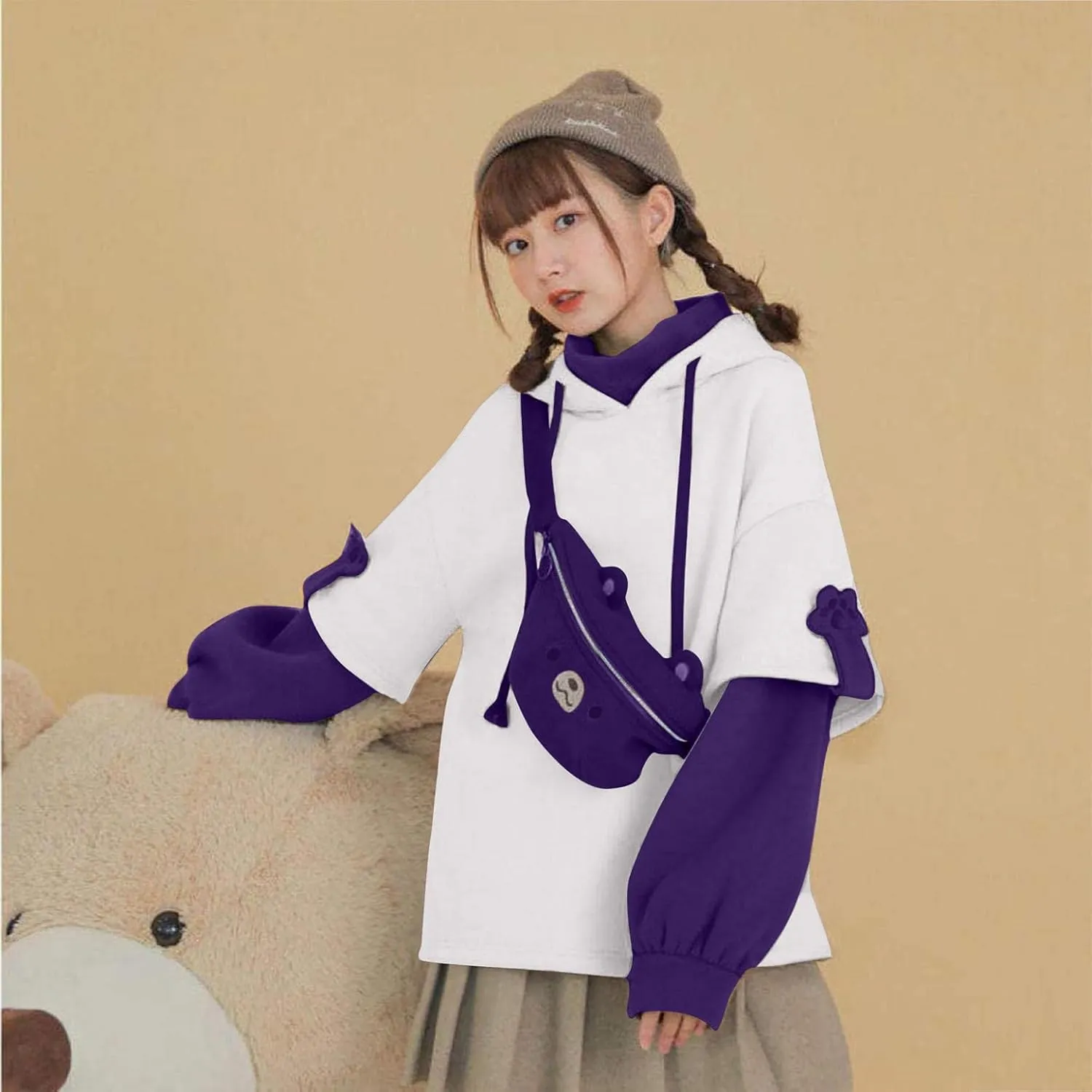Women's Cute Hoodie for Teen Girl Brown Bear Tops Sweatshirt Splicing Hooded Shirt Personality Bag Hoodies