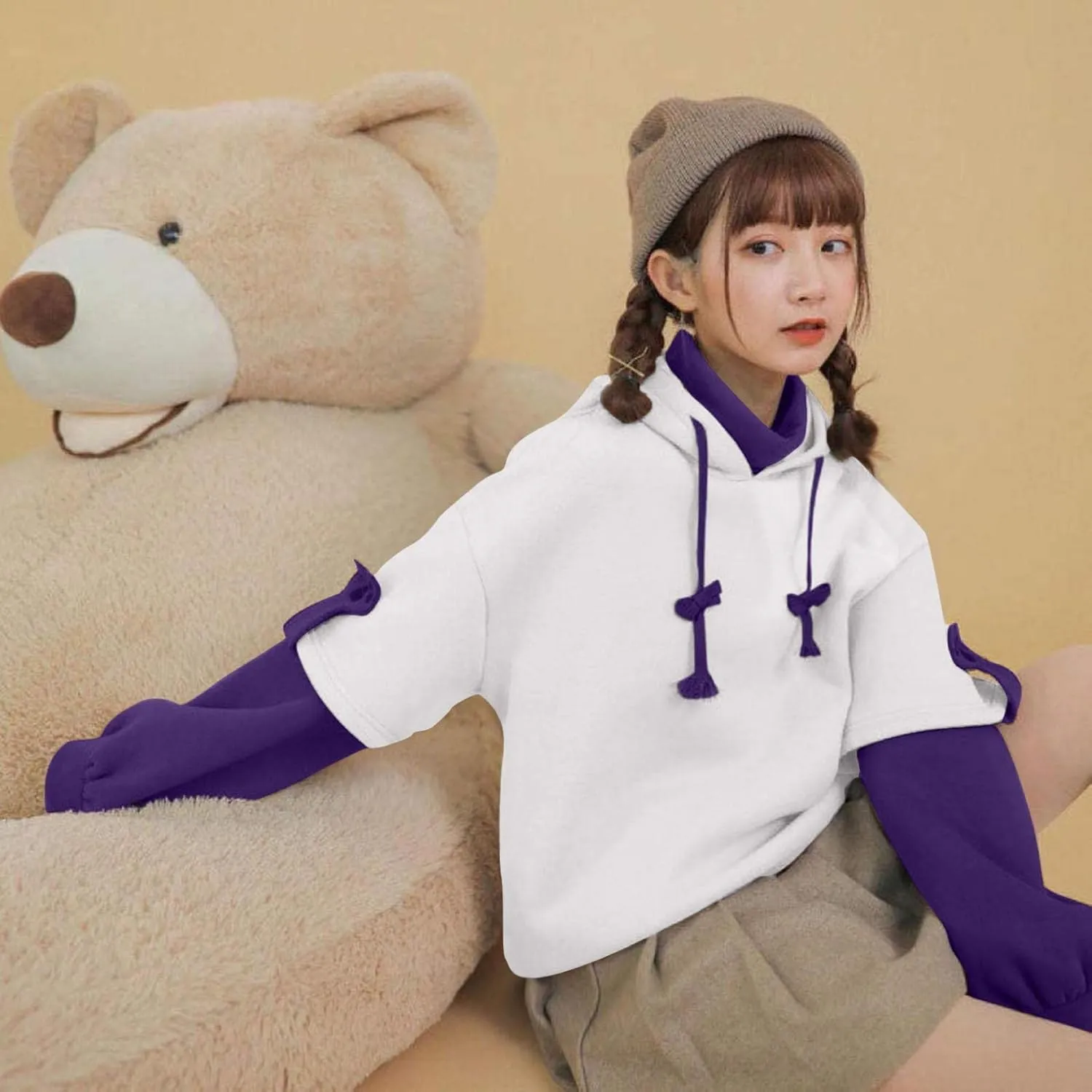 Women's Cute Hoodie for Teen Girl Brown Bear Tops Sweatshirt Splicing Hooded Shirt Personality Bag Hoodies