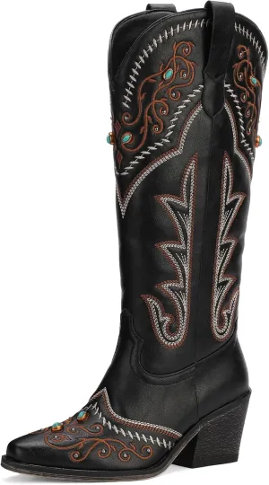 Women's Exquisite Embroidery Western Cowboy Boots with Studs & Emerald Gemstones, Knee High Wide Calf Cowgirl Boots for Fall Fashion