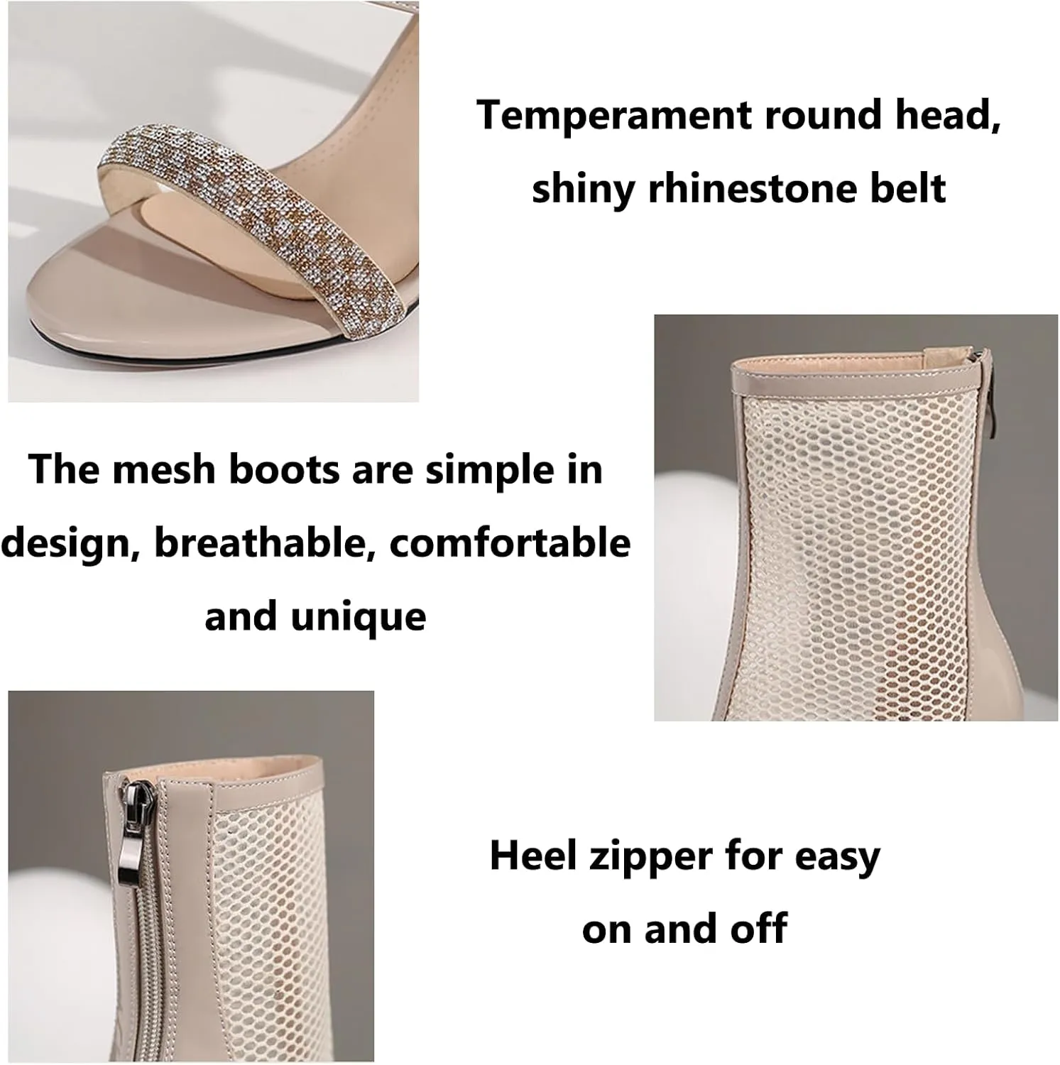 Women's One Word Belt Fish Mouth Mesh Stiletto Boots Sandals with Zipper Sexy Round Peep Toe Breathable High Heel Party Dance Ankle Boots Summer Nightclub Date High Top sandals