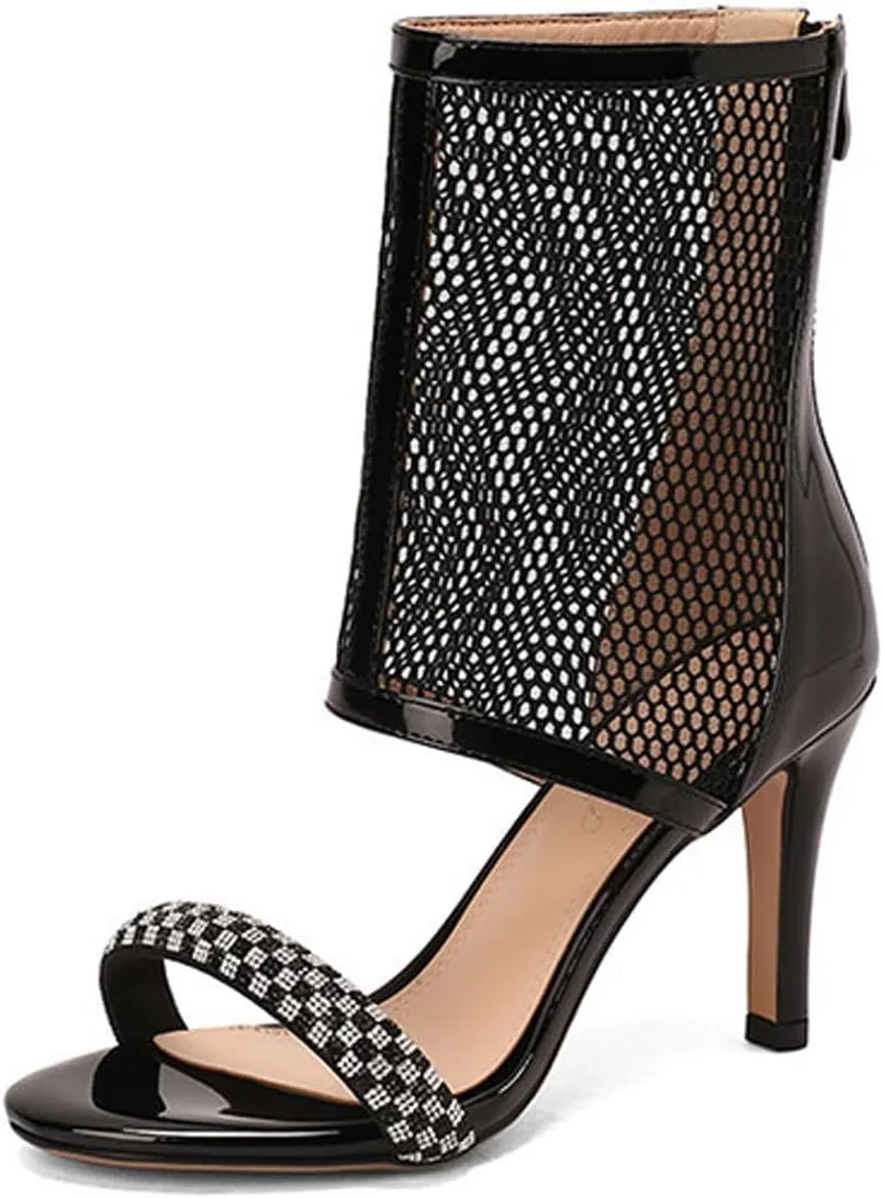 Women's One Word Belt Fish Mouth Mesh Stiletto Boots Sandals with Zipper Sexy Round Peep Toe Breathable High Heel Party Dance Ankle Boots Summer Nightclub Date High Top sandals