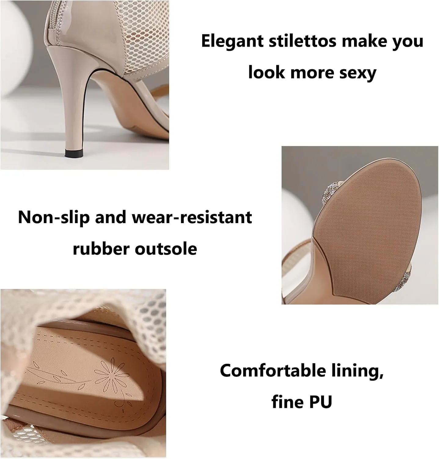 Women's One Word Belt Fish Mouth Mesh Stiletto Boots Sandals with Zipper Sexy Round Peep Toe Breathable High Heel Party Dance Ankle Boots Summer Nightclub Date High Top sandals