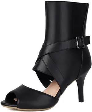 Women'S Peep Toe Open Back Stiletto Ankle Boots Sexy Round Open Toe Hollow Cross Buckle Strap Decoration Party Date High Top Sandals With Zipper