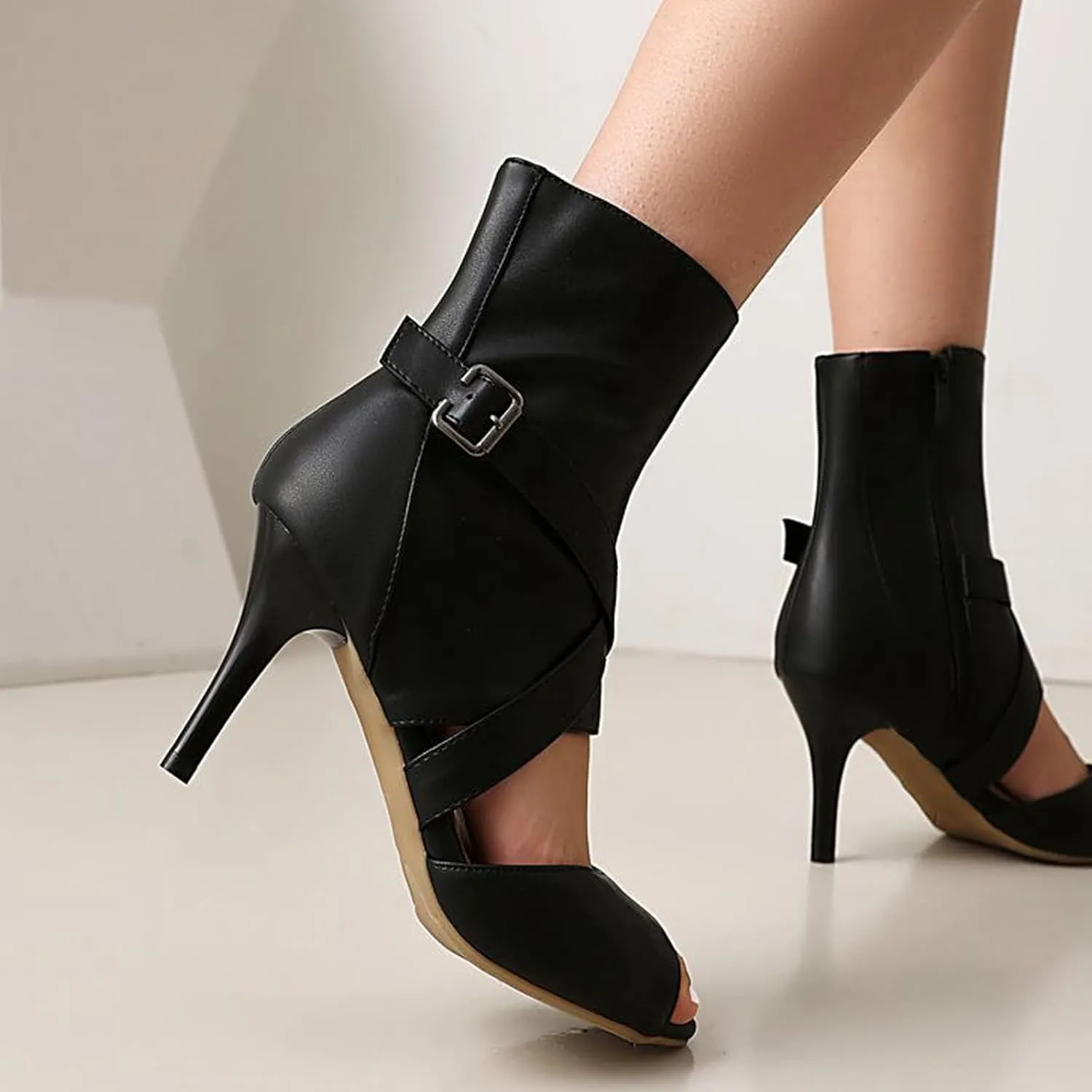 Women'S Peep Toe Open Back Stiletto Ankle Boots Sexy Round Open Toe Hollow Cross Buckle Strap Decoration Party Date High Top Sandals With Zipper