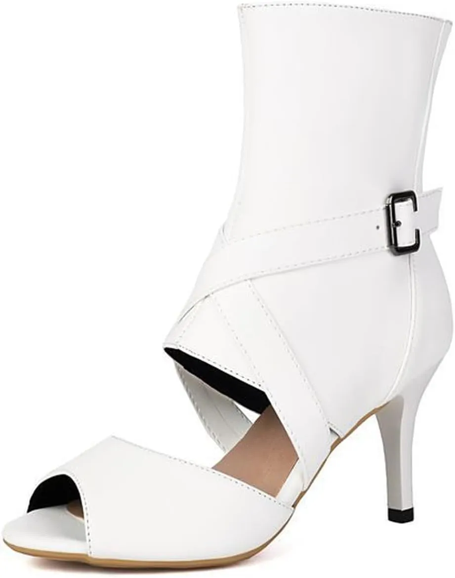 Women'S Peep Toe Open Back Stiletto Ankle Boots Sexy Round Open Toe Hollow Cross Buckle Strap Decoration Party Date High Top Sandals With Zipper