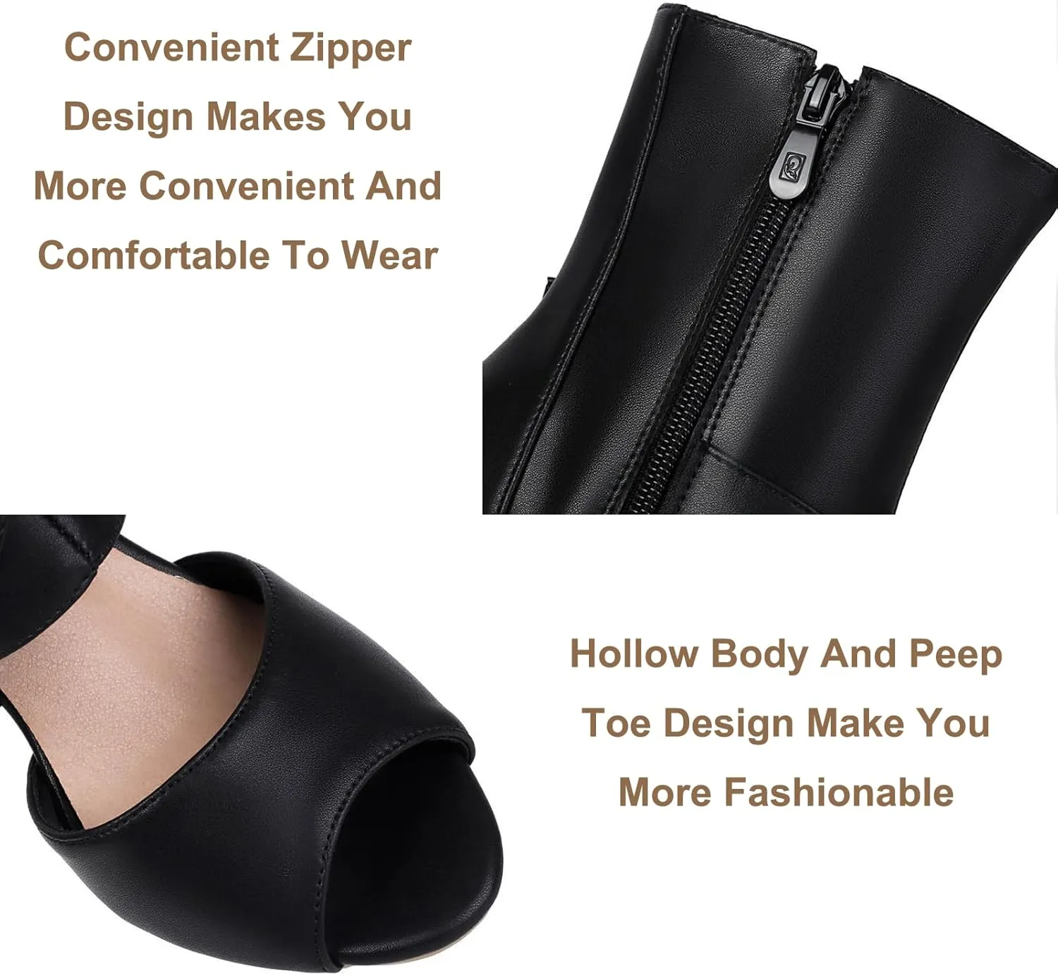 Women'S Peep Toe Open Back Stiletto Ankle Boots Sexy Round Open Toe Hollow Cross Buckle Strap Decoration Party Date High Top Sandals With Zipper