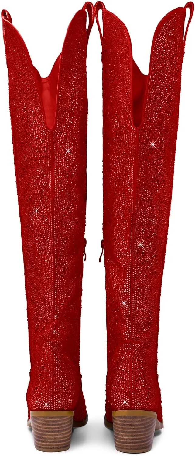 Women's Silver sparkle Rhinestone Over the Knee Cowboy Boots Sexy Glitter Pointed Toe Chunky Heel Zipper Wide Calf Tall Cowgirl Boots Fashion Retro Classic Party Shoes for Girls