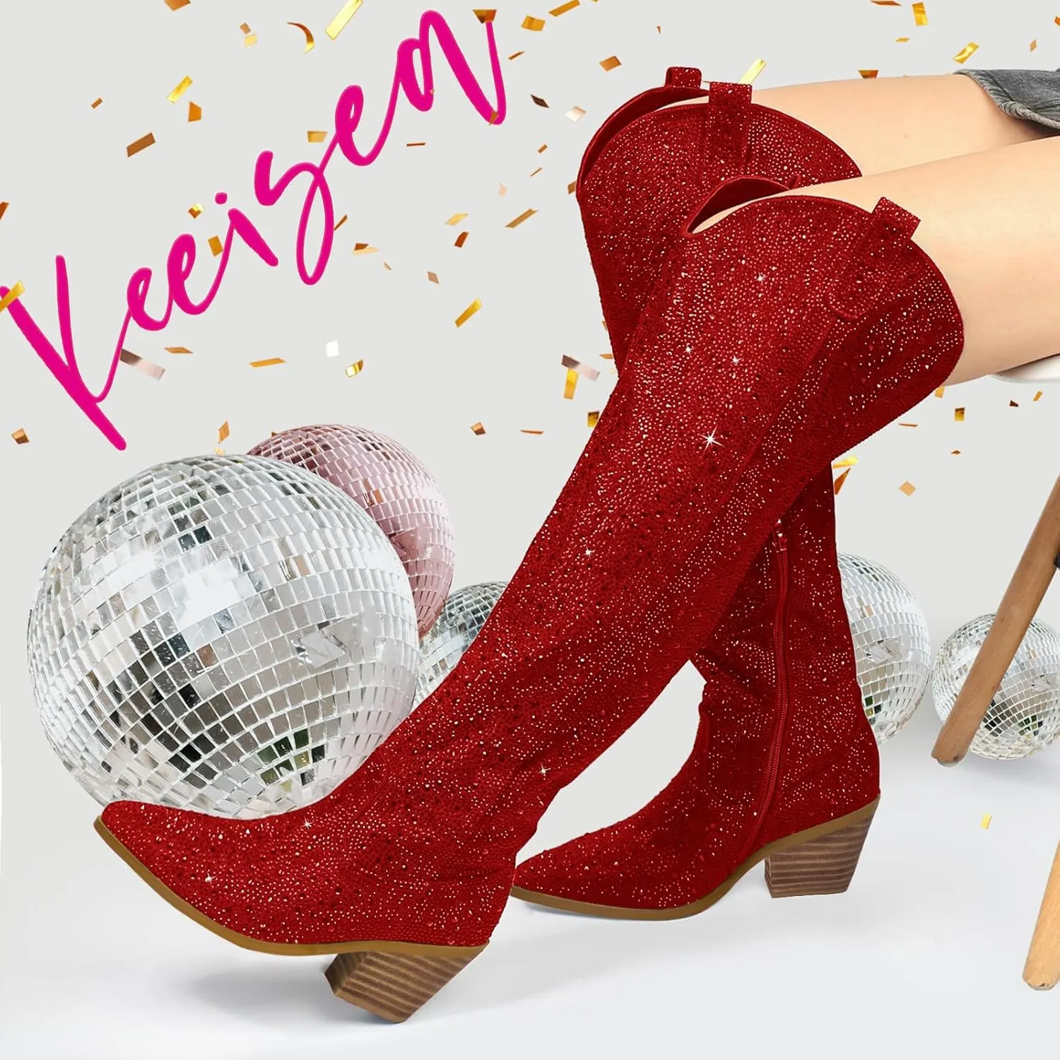 Women's Silver sparkle Rhinestone Over the Knee Cowboy Boots Sexy Glitter Pointed Toe Chunky Heel Zipper Wide Calf Tall Cowgirl Boots Fashion Retro Classic Party Shoes for Girls