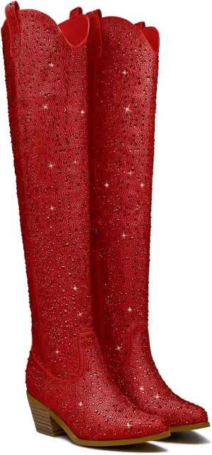Women's Silver sparkle Rhinestone Over the Knee Cowboy Boots Sexy Glitter Pointed Toe Chunky Heel Zipper Wide Calf Tall Cowgirl Boots Fashion Retro Classic Party Shoes for Girls