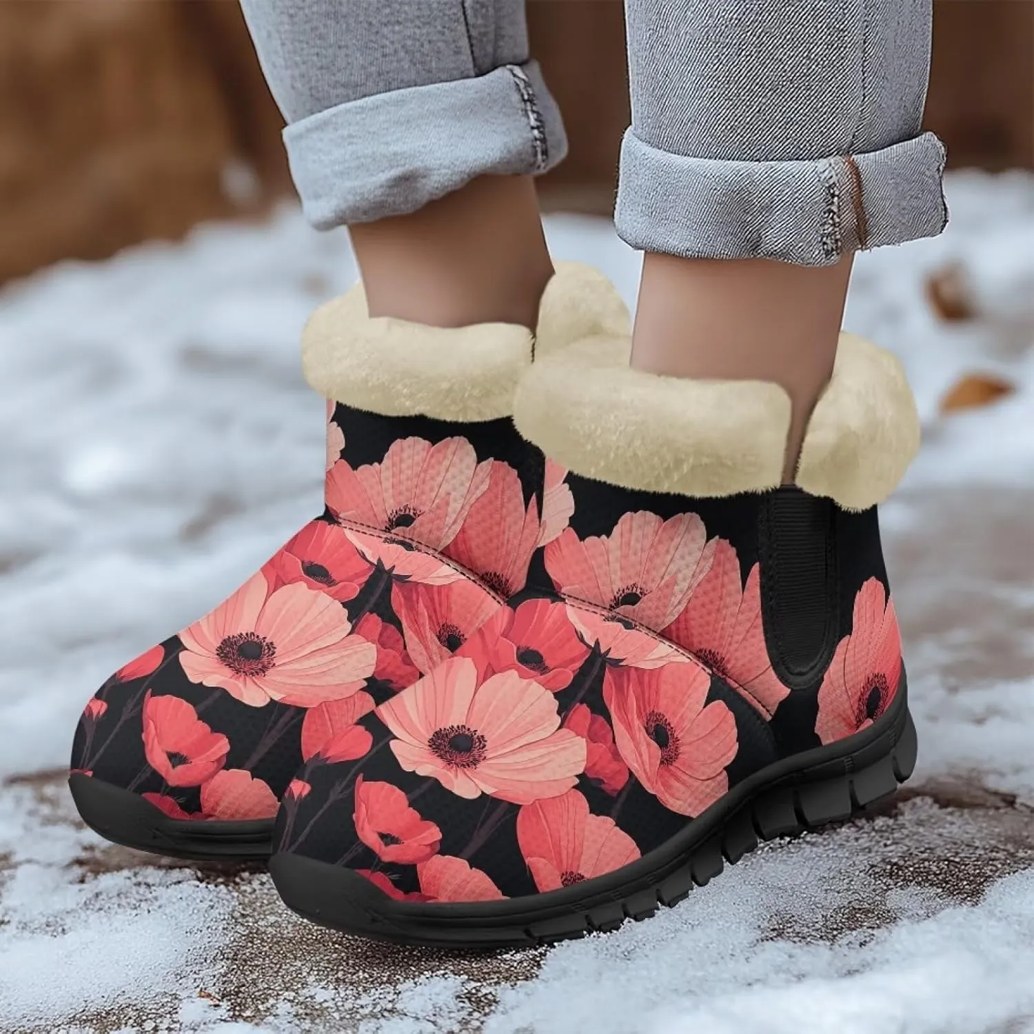 Women's Snow Boots Christmas Casual Winter Hiking Boots Comfy Lightweight Soft EVA Sole Anti-Skid Boots for Outdoor Indoor Travel US 6-12 Black Sole