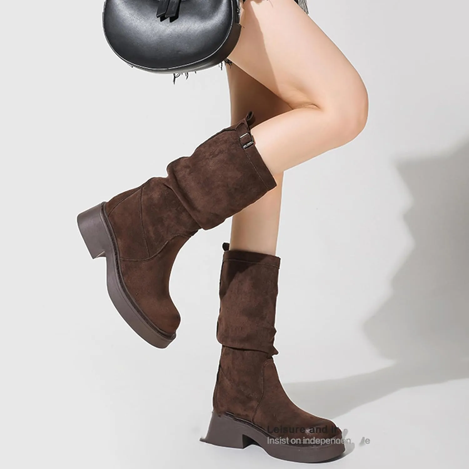 Women'S Suede Chunky Heel Pull On Retro Short Boots Classic Round Toe Wide Shoe Mouth Pleated Non-Slip Party Dating Shopping Casual Short Boots