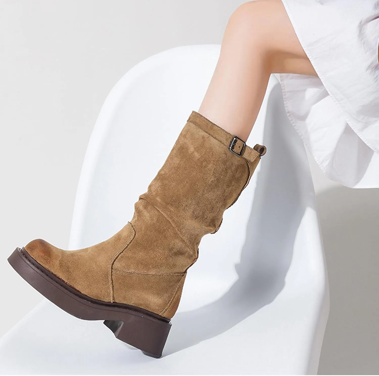 Women'S Suede Chunky Heel Pull On Retro Short Boots Classic Round Toe Wide Shoe Mouth Pleated Non-Slip Party Dating Shopping Casual Short Boots