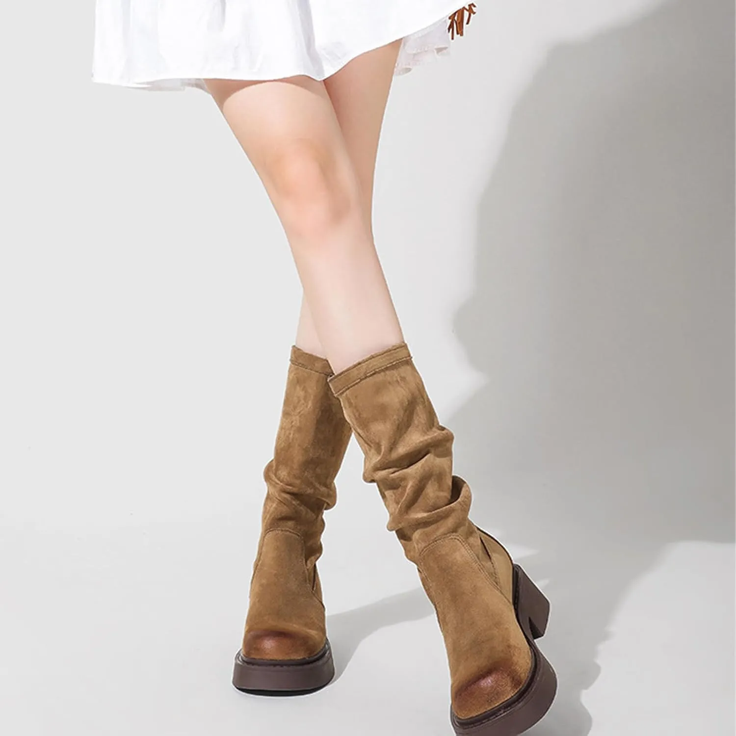 Women'S Suede Chunky Heel Pull On Retro Short Boots Classic Round Toe Wide Shoe Mouth Pleated Non-Slip Party Dating Shopping Casual Short Boots