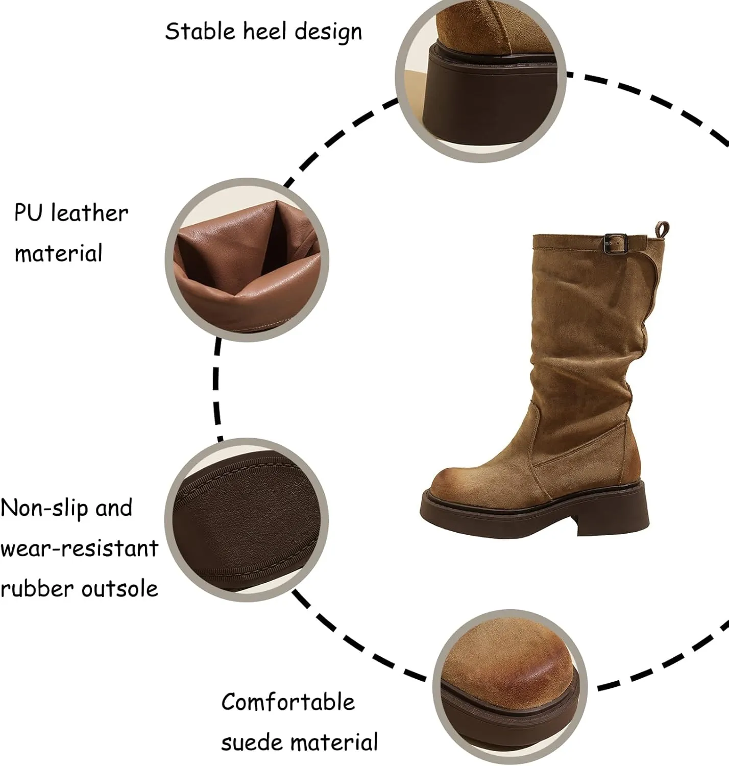 Women'S Suede Chunky Heel Pull On Retro Short Boots Classic Round Toe Wide Shoe Mouth Pleated Non-Slip Party Dating Shopping Casual Short Boots
