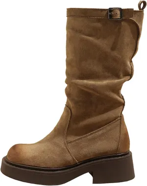 Women'S Suede Chunky Heel Pull On Retro Short Boots Classic Round Toe Wide Shoe Mouth Pleated Non-Slip Party Dating Shopping Casual Short Boots