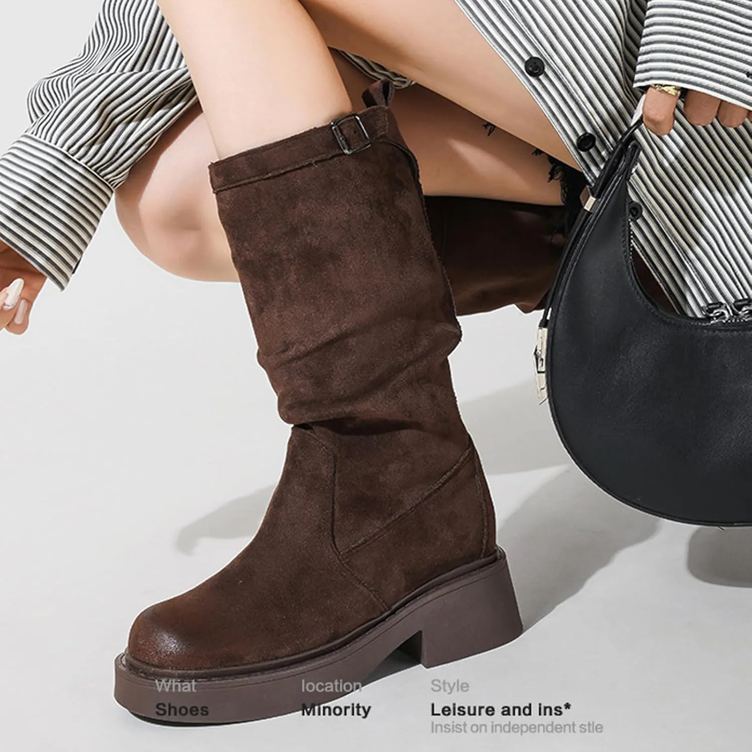 Women'S Suede Chunky Heel Pull On Retro Short Boots Classic Round Toe Wide Shoe Mouth Pleated Non-Slip Party Dating Shopping Casual Short Boots